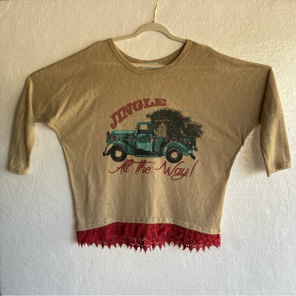 Southern Grace Tan and Red Jingle Long Sleeve Tee